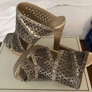BCBG Galinac snakeskin platform mules/sandals